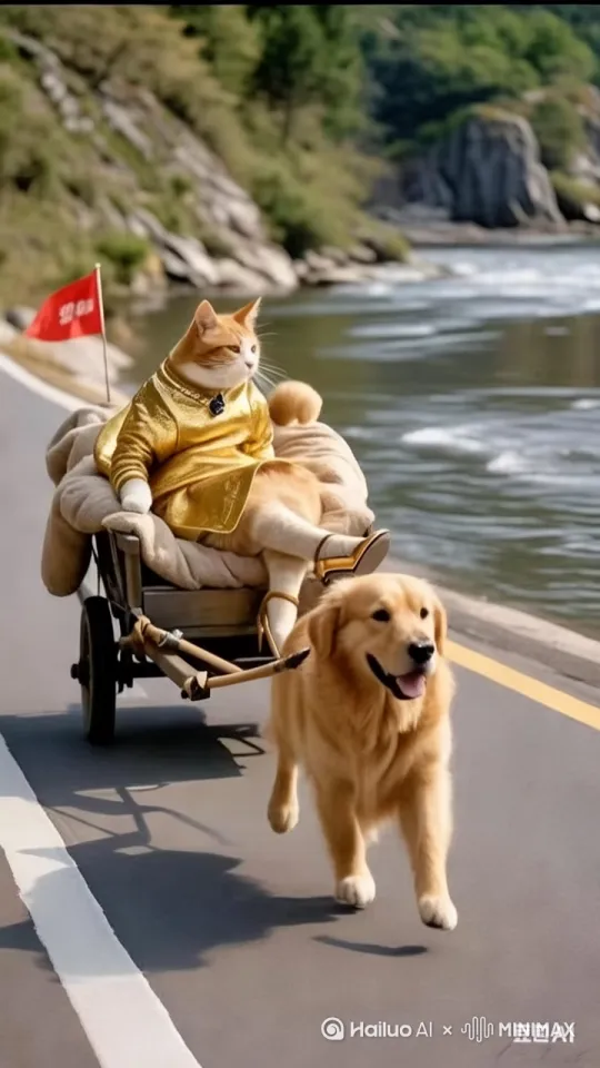 金毛飞快的跑着拉的车。车上的橘猫摇头晃脑的在扇着扇子。 by Hailuo AI Video Generator