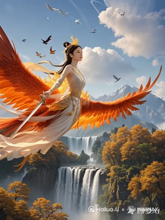 图片中的人物傲游天空，俯看大地，一会穿越云层，一会穿越瀑布，美丽极了 by Hailuo AI Video Generator