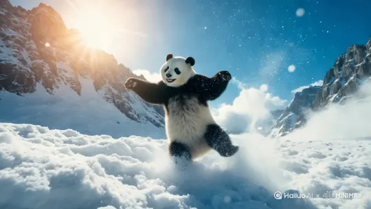 戴着太阳镜的毛茸茸的熊猫在日出时的雪山顶上跳舞，左移运镜 by Hailuo AI Video Generator