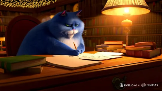 蓝色的胖猫，在书桌前开着台灯写作业 by Hailuo AI Video Generator