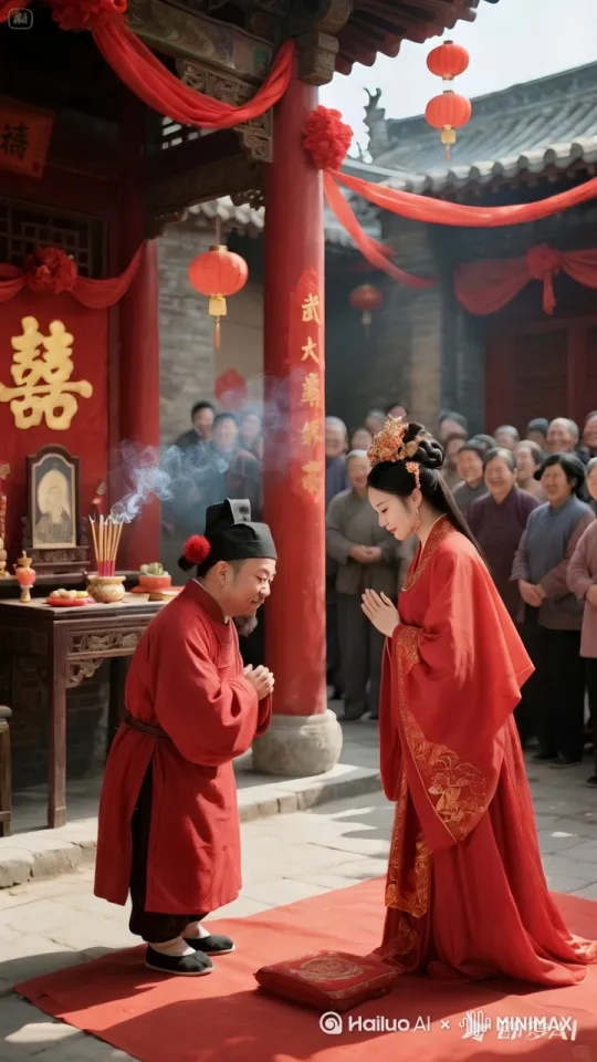 镜头固定，当新郎新娘互相鞠躬时，新郎的帽子掉落下来，新郎瞬间变成光头，新娘捧腹大笑，周围的人拍手哈哈大笑。 by Hailuo AI Video Generator