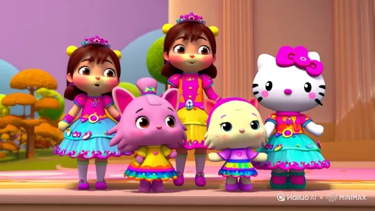 Cinnamoroll，Kuromi，Pompompurin，Pochacco，Hello Kitty在一起合照，突然间打了起来 by Hailuo AI Video Generator