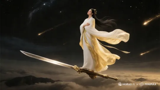 近景，特写。人物面部特写，仙侠美女，容貌极其美丽，像是刘亦菲，眼睛看着前方，若有所思，张开双臂，迎着风。身穿红金色长袍的美丽女性修真者，长袍夸张地飘荡，黑色长发飘扬，美丽，人侧身站立在高空中，双脚下踩着一柄巨大无比的长剑，悬浮在高空飞行，双手环抱在身前，仙侠大电影风格，玄幻，古朴，孤独，高清 by Hailuo AI Video Generator