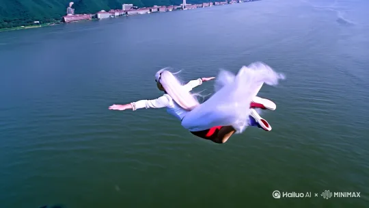 一段超速POV镜头:摄像机疾驰穿越长江中水面之上，镜头紧跟着一个在空中飞行的白发中国美女的背后，他身体前倾展开双臂，风吹动他的头发和衣服，双腿施展轻功，以超音速向前飞翔。 by Hailuo AI Video Generator