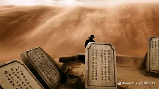Wide shot of decaying ancient observatory platform engulfed in sandstorm, stone tablets carved with illegible inscriptions tilted at 45 degrees, silhouette of poet's back dissolving into swirling yellow dust, Zhang Yimou's monochromatic palette with only ochre and slate grey, cinematic depth created by layered haze --ar 2:1"  [推出,上升,下摇] by Hailuo AI Video Generator