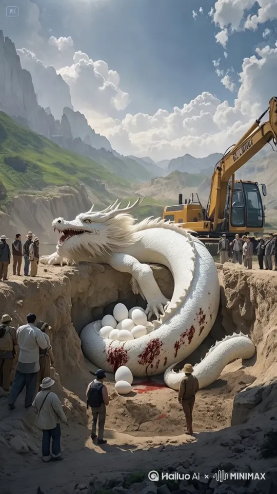 全景镜头，超高清真实摄影，8K 画质，HDR 效果，焦距拉宽，展现出一幅震撼的画面。在一个巨大的土坑中，一头威严的中国神龙盘踞其中。神龙身躯蜿蜒，鳞片闪耀着五彩光芒，龙爪锋利而有力。坑内散布着许多巨大的蛋，蛋壳上有着神秘的纹路。周围是一大群围观的人，他们脸上充满了惊讶与敬畏。有戴着安全帽的建筑工人，有路过的行人，还有好奇的孩子。背景是一个繁忙的户外建筑工地，起重机高耸，塔吊转动，建筑材料堆积如山。远处的高楼大厦正在建设中，脚手架林立。天空中乌云密布，阳光从云缝中射出，照亮了神龙和人群。画面整体色调以暗黄色和灰色为主，突出建筑工地的尘土飞扬和紧张氛围。而神龙和蛋的存在则为画面增添了神秘和奇幻的色彩，每一个细节都刻画得精细逼真，仿佛能让人感受到神龙的威严和人群的惊叹。 by Hailuo AI Video Generator