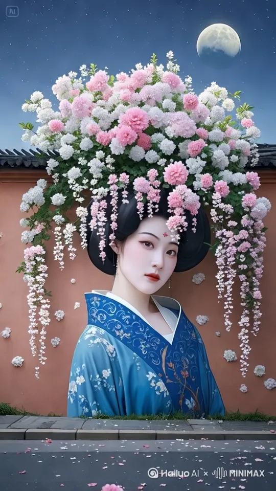 墙绘人物和眼睛固定不动。花朵和树枝随着微风飘扬 。[左移,右摇,跟随] by Hailuo AI Video Generator