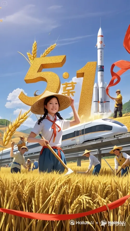 五一劳动节，画面充满活力与生机。金黄的麦田里，麦穗饱满低垂，一位头戴草帽、扎着麻花辫、身着白上衣和蓝裤子、系着红领带与腰带的女孩，手持农具，身姿矫健。她周围的农民们也都忙碌着，有的弯腰收割，有的搬运麦捆。高速列车在高架桥上飞驰而过，车身线条流畅，彰显现代科技速度。远处，一枚火箭矗立，工作人员挥舞着红旗，似在为发射做准备。天空湛蓝，飘着几朵白云，阳光洒下，整个场景真实生动，大家都热火朝天地忙碌着，展现劳动之美与时代发展。 by Hailuo AI Video Generator
