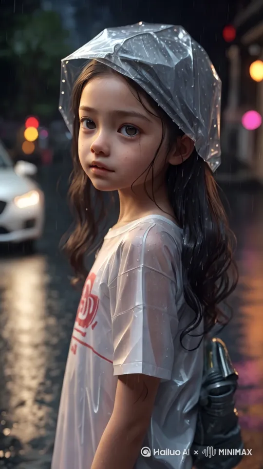 身着雨衣的少女在雨中漫步，街道上霓虹灯在积水里折射出。镜头缓缓推进捕捉到其突然回眸的温柔笑容。发丝沾着晶莹雨珠，朦胧细雨营造出温暖而略带忧郁的情绪氛围。 by Hailuo AI Video Generator