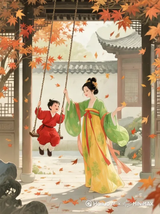 图片中的大人正在帮小孩摇荡秋千 by Hailuo AI Video Generator