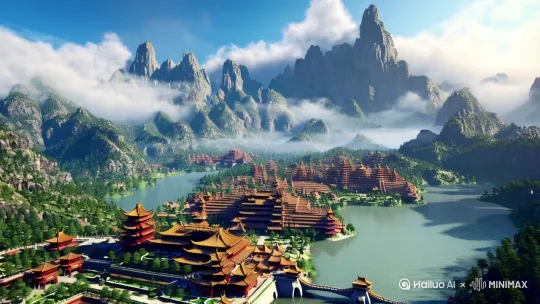 高空俯视视角，虚幻引擎渲染，超高清CG，高山流水之间，有亭台楼阁建筑群，徐克电影风格，空中廊桥，花园，桥梁，云雾，超真实感，宁静而神秘的氛围，自然光影，电影分镜头，大师摄影作品，大师摄影作品，32k清晰度，画面明亮，高饱和度 by Hailuo AI Video Generator