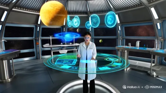 未来科幻风格，一间宏伟的尖端实验室内部场景。实验室呈圆形设计，四周墙壁由钛合金和钢化玻璃构成，天花板呈穹顶状。环绕式全息投影屏幕占据了整个空间的上半部分，呈现出璀璨的太阳系早期演化场景。投影中，金色和蓝色的尘埃粒子在黑暗的太空背景中优雅地旋转，碎片之间相互碰撞、汇聚，逐渐形成行星雏形。

画面中心是一位约25岁的亚裔女性科研人员，身穿白色实验服，戴着半透明的智能眼镜。她站在一个悬浮的透明控制台前，双手在发光的触控界面上进行精确的参数调整。她的表情专注而沉静，眼神中流露出对宇宙奥秘的探索热情。控制台上漂浮着多个全息数据面板，显示着复杂的物理公式和三维模型。

整体采用高级科幻写实风格，强调未来科技感。实验室内部以冷色调为主，主要光源来自全息投影的柔和蓝光。镜头采用缓慢环绕运动，从实验室全景逐渐推进到科研人员的中景特写，突出人物与全息投影的互动。画面具有强烈的科研氛围和探索精神。 by Hailuo AI Video Generator