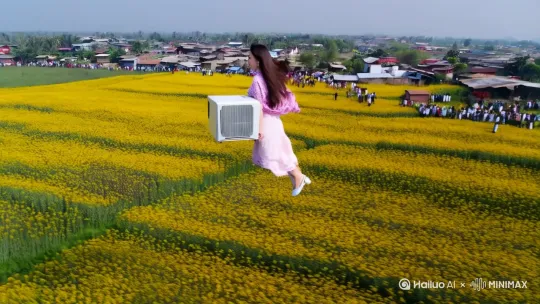 快速高空跟踪镜头移动，无人机视角，
背景在一个中国农村的油菜花田上，一
个穿着时尚的美女扛着台式空调的姿
势向前飞行，轻松地在水田上空踏空飞
行，她扛着台式空调，双腿像中国轻功
一样在空中飞纵，双脚往前疾奔，仿佛
在空中踏出一条路，捕捉平滑飞行的感
觉。衣服和头发随风摇摆，相机从略高
位置的俯视角度紧密跟踪从左后方向右
后方移动，随着角色穿越场景。环境是
动态的，快速变化，不断往后掠过的是
油菜花田里的人群，四周是错落的房屋
和田地。 by Hailuo AI Video Generator
