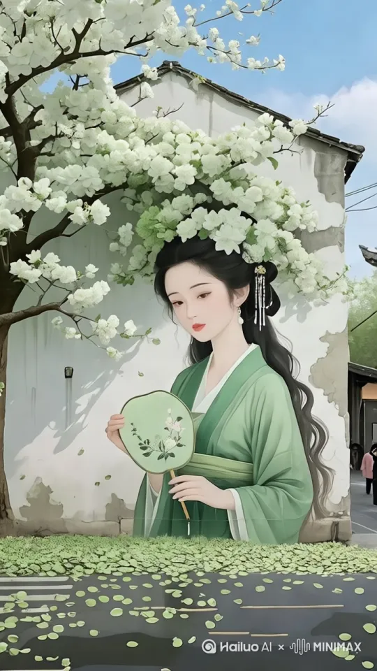 旋转运镜拍摄，人物不要动。人物不变形。人物不扭曲。美女的头发随风飘扬，花朵随风摇摆。 by Hailuo AI Video Generator