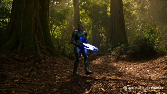 一名外星人战士，走在树林子里面，拿着能量武器准备埋伏敌人 by Hailuo AI Video Generator