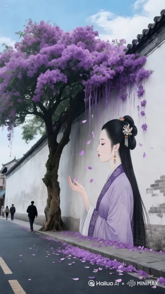旋转运镜拍摄，人物不要动。人物不变形。人物不扭曲。美女的头发随风飘扬，花朵随风摇摆。 by Hailuo AI Video Generator