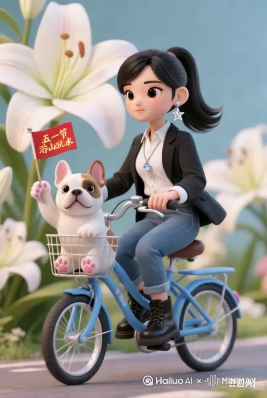 女孩骑着自行车[左移,跟随] by Hailuo AI Video Generator