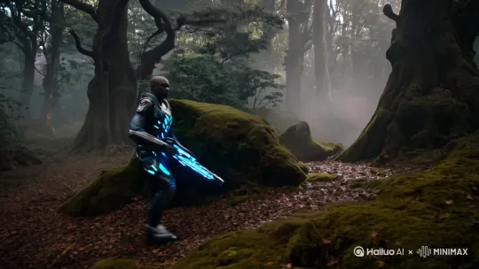 一名外星人战士，走在树林子里面，拿着能量武器准备埋伏敌人 by Hailuo AI Video Generator