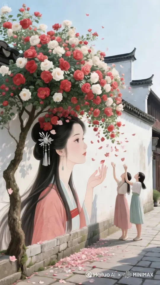 帮我生成一个视频：旋转镜头拍摄，人物不要动。人物不变形。人物不扭曲。花朵随风摇摆。美女的头发随风飘扬…花瓣儿纷纷的落下。 by Hailuo AI Video Generator