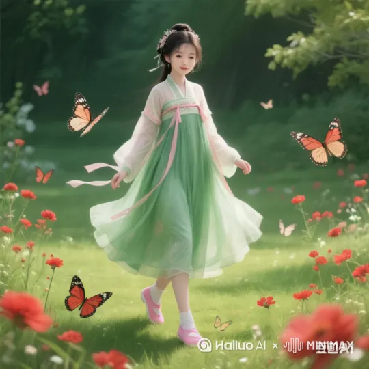 美女像仙女一样飞向空中，轻松的在空中滑行，双臂向两侧伸展，头部向前捕捉平滑水平飞行的感觉，头发衣服随风摇摆
下面有丛林和自然景观运动模糊和光迹增强了速度感和流畅性，快速移动 by Hailuo AI Video Generator