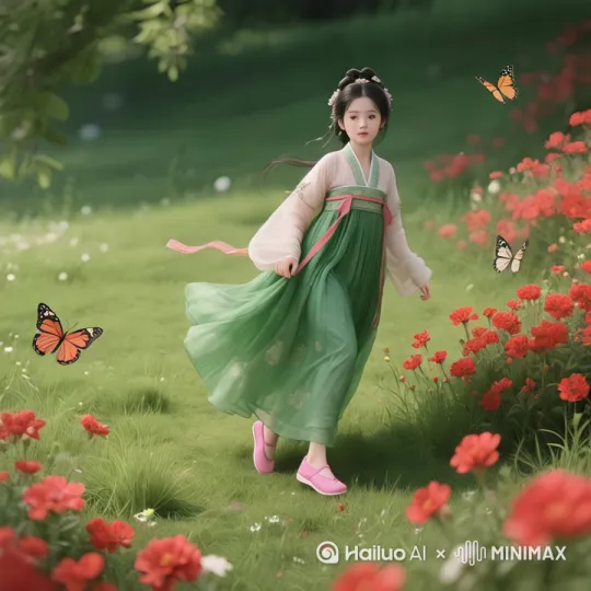 美女像仙女一样飞向空中，轻松的在空中滑行，双臂向两侧伸展，头部向前捕捉平滑水平飞行的感觉，头发衣服随风摇摆
下面有丛林和自然景观运动模糊和光迹增强了速度感和流畅性，快速移动 by Hailuo AI Video Generator