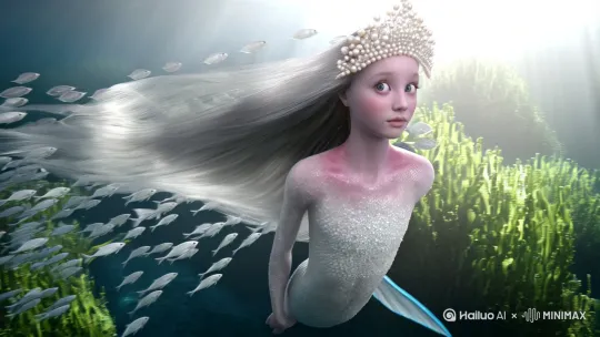昏暗深邃海底，幼小的美人鱼睁开大眼睛，[右摇,变焦推进]云母质地的白色鳞片闪烁珠光，银色长发随水流四处飘散，柔嫩肌肤泛珍珠光泽，蚌肉粉嫩晶莹剔透，排列成串的透明的鱼群环绕游弋，穿梭在长长飘曳的发丝中，有珍珠头饰，魔幻超写实电影风格，8k超清展现鳞片晶体结构和珠蚌质感，景深层次呈现近景人鱼与远景发光水草丛林，强烈顶光穿透海水形成丁达尔光效[推进,上升]。侧逆光表现皮肤通透质地，超高清生物细节刻画，高动态范围光照系统，多层次水体粒子渲染，电影级水下色彩科学，仿生学流体动力学模拟，单纯高雅的浅灰色调展现仙境般的水底世界。怀里抱着硕大的粉色带白色珍珠，鱼尾高级，配色高级。[左摇,变焦推进] by Hailuo AI Video Generator