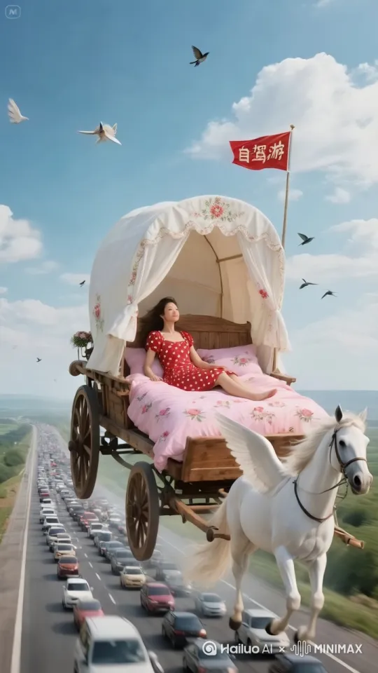 镜头移动，动态跟随。天空的马车在飞奔，马在跑，马翅膀也在飞，马车轮子飞快转动。天上的云和鸟都在动，只有公路上的车不动。形成一个反差对比。 by Hailuo AI Video Generator