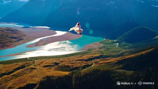 美女优雅的飞过山川湖泊，场景辽阔无垠，美丽 by Hailuo AI Video Generator