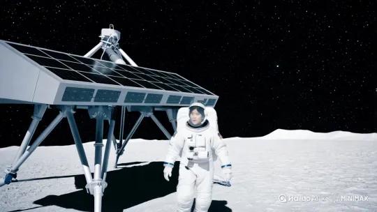 宇航员正从科技感十足的太空登月舱迈出，步履缓慢且坚定。着陆舱由四个支撑腿及太阳能板组成，其银色外壳在黑暗的宇宙背景下反射着地球的微光，周围是无尽的黑暗和明亮的星辰。宇航员的宇航服背部配有生命支持背包。随着主角向镜头走近，面罩后的脸也逐渐清晰，能看出人物面带微笑，眼神期待。电影大片质感。宇航服为白色纯色造型，不含任何方形或圆形图案。 by Hailuo AI Video Generator