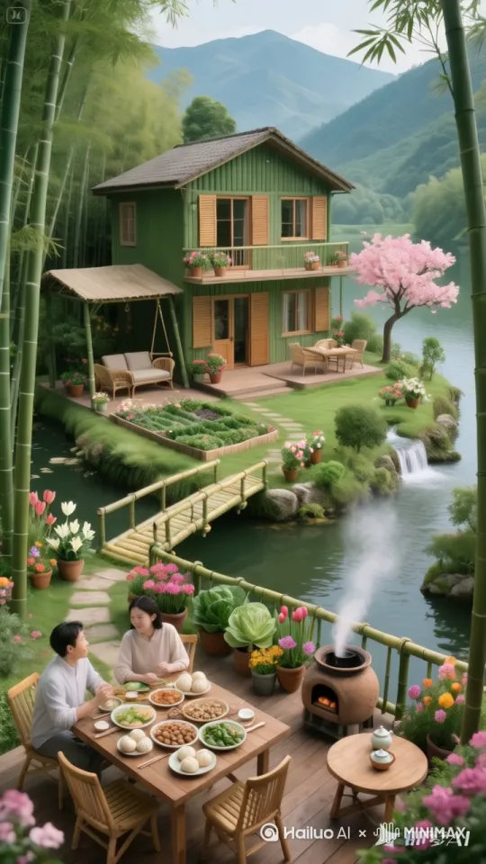 大风吹过，花草树木、竹林摇动起来，水流动，水波荡漾，炊烟袅袅，两人在亲热的聊天 by Hailuo AI Video Generator