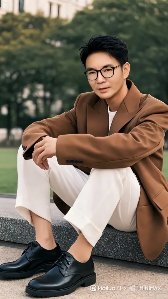 图片中的男士，坐在公园广场，拿着手机在看，手机里有一小姟，从手机里跳出来， by Hailuo AI Video Generator