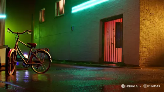 5 秒，16:9，60fps，UHD。寂静霓虹雨巷，主体为破旧自行车，缓慢前行，镜头静止（0 - 1 s），无动态变化；银色跑车从拐角疾驰而出，尾部蓝紫离子尾焰拖曳，镜头俯冲侧摇（1 - 4 s），触发水花飞溅；最后逆光慢镜展示跑车远去（4 - 5 s），伴随光影变化。
未来科技・蓝紫对比・逆光光晕・特效水花
— no: 模糊，跳帧，色带，渲染错误 by Hailuo AI Video Generator