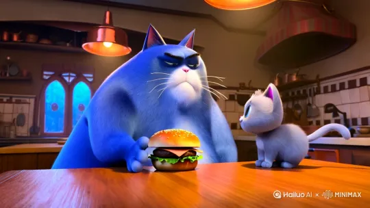 用蓝色胖猫一边辱骂着周一小猫一边吃着汉堡 by Hailuo AI Video Generator