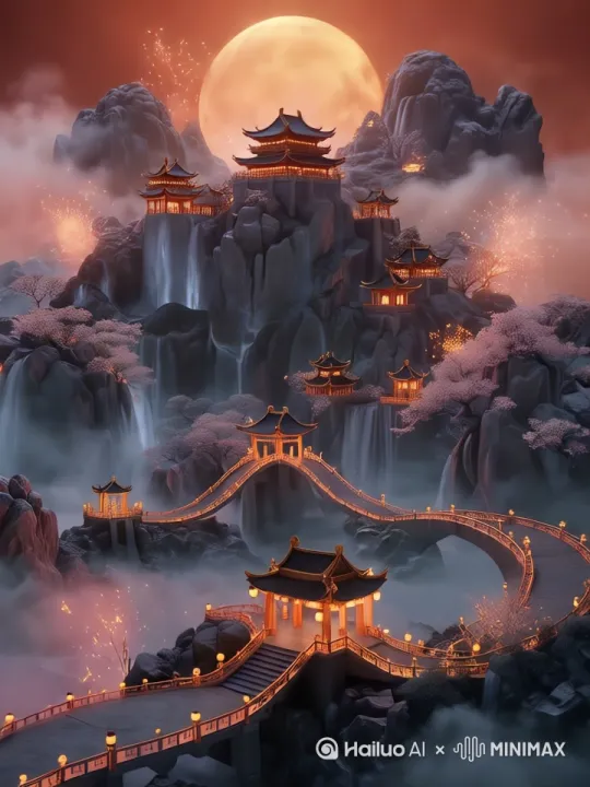 梦幻仙境，云雾缭绕，高山流水，火树银花，落日余晖，[右移,左摇,跟随] by Hailuo AI Video Generator