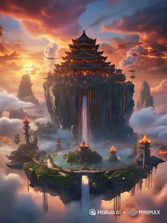 梦幻仙境，云雾缭绕，高山流水，火树银花，落日余晖，[右移,左摇,跟随] by Hailuo AI Video Generator