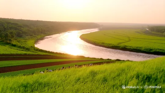 畅通与田间耕种
 
1. 全景：阳光洒在大地上，画面远景是一条蜿蜒曲折的河道，河水在阳光照耀下波光粼粼，如同一面流动的镜子，潺潺流淌。河道两旁绿草如茵，随风摇曳。镜头逐渐拉近，聚焦到河道旁边广袤的田野。
2. 中景：田野里，泥土松软湿润，散发着清新的气息。农民们挽起裤腿，赤着脚，有的手持锄头，一上一下有节奏地翻耕土地，锄头与泥土碰撞，溅起细碎的土块；有的则蹲在田垄间，细心地播撒着种子，动作轻柔而专注。他们的脸上洋溢着对丰收的期待，田野间回荡着偶尔的交谈声和劳作的声响。 by Hailuo AI Video Generator