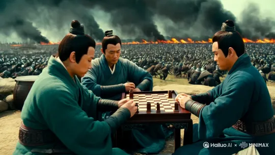 刘关张三兄弟在战争第一线外面全是打仗的和战火他们在那打王者荣耀 by Hailuo AI Video Generator