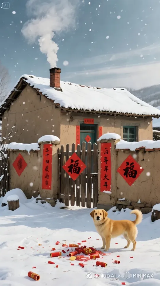 暴风雪，风吹炊烟歪斜，小狗来回走动，左移运镜，电影质感[左移,跟随] by Hailuo AI Video Generator