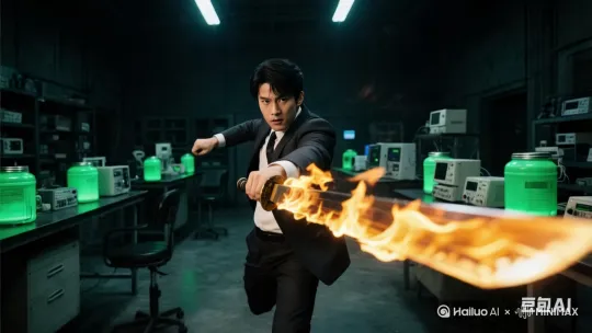 男一边挥刀一边前冲。刀刃释放大量火焰。[拉远] by Hailuo AI Video Generator