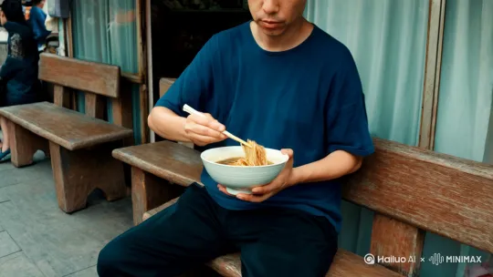 在一个潮汕粉条店，外面门口摆了几个板凳，一个人做手捧着一个碗，右手拿筷子，独自一人吃着碗里的粉条，随后喝了汤，在店前面的马路上是一群群走过的行人 by Hailuo AI Video Generator
