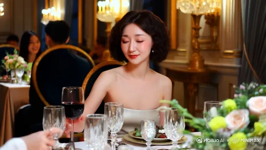 一富婆着装的年轻漂亮女子，在豪华餐厅里和朋友品红酒，微笑，短卷发 by Hailuo AI Video Generator