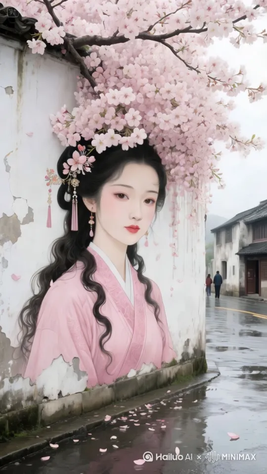 花朵随风自然摇摆，旋转运镜，高清呈现，墙面人物静止，墙面人物不变形，墙面人物不扭曲，花儿随风飘落。 by Hailuo AI Video Generator