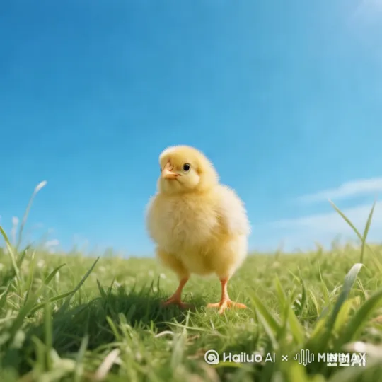 小鸡仔儿两个翅膀不停地展开，闭合，左右两只脚轮换离开地面跳舞的姿势，小鸡的嘴不停地张开闭合，有唱歌的动作，比例1:1 by Hailuo AI Video Generator
