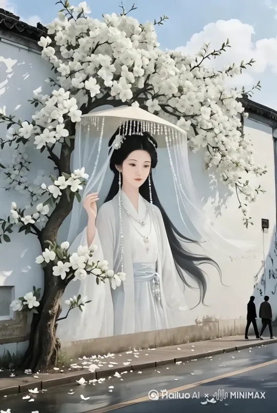 [右移,左摇,跟随]花枝大幅度随风摆动，人物不要动，不要眨眼睛 by Hailuo AI Video Generator