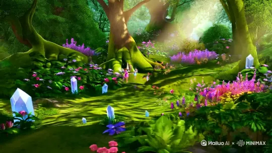 全景|阳光洒落，森林郁郁葱葱，小精灵们在花草间嬉戏，魔法水晶光芒璀璨。|旁白：在一片古老的森林里，住着可爱的小精灵，这里宁静而美好。|5s|轻快的森林背景音乐，鸟鸣声|
[左移,推进,右摇] by Hailuo AI Video Generator
