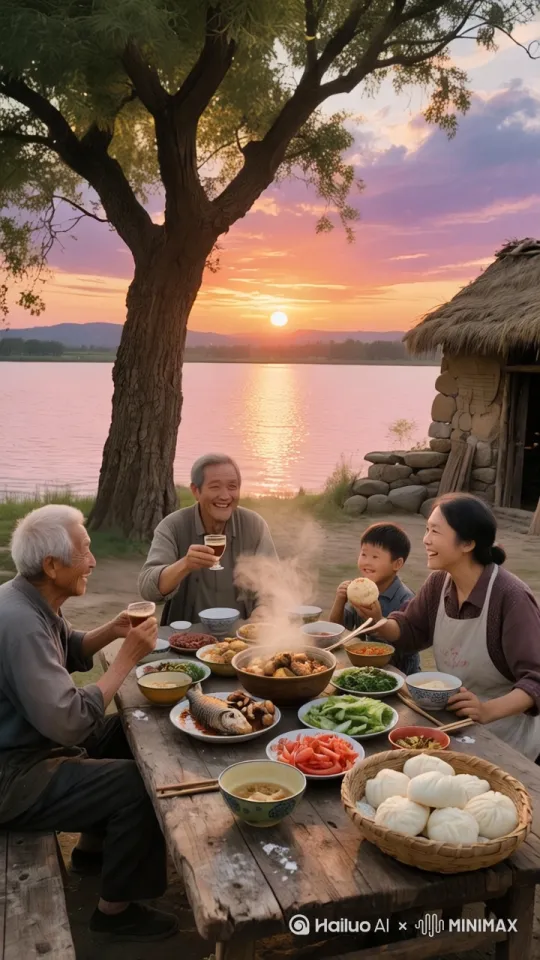 帮我生成一个视频：远处水波荡漾，波光粼粼。近处：桌子上菜热气腾腾。一家人有说有笑，谈笑风生，时不时举杯干杯喝酒，小孩自顾吃包子。大风吹过，树枝摇动。高清胶片画质，动作娴熟不失真 by Hailuo AI Video Generator