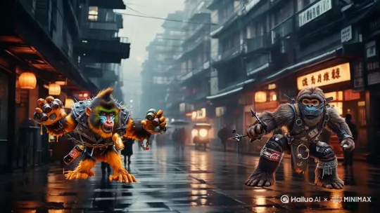 打架，忍者狒狒打败打手山魈。[下降,上摇] by Hailuo AI Video Generator