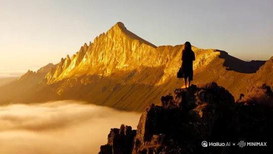 有人站在山上望着对面的金山 by Hailuo AI Video Generator