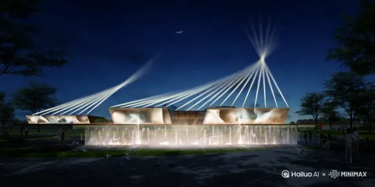 建筑上的白色光束灯像波浪一样左右摆动，建筑立面上播放裸眼3D多媒体视频投影，前广场音乐喷泉持续喷射。[固定镜头] by Hailuo AI Video Generator