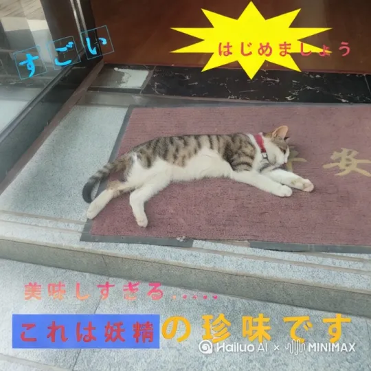 猫咪听到有声音突然爬起来，向走过来的小女孩狂奔，爬上女孩的大腿，喵喵叫，要女孩抱它，女孩抓着它两腿站立。 by Hailuo AI Video Generator